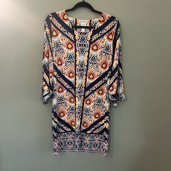 Chico’s Vibrant Fall Print Pullover Ikat Medallion Dress with Tie Sleeves Size 1 - Picture 5 of 12